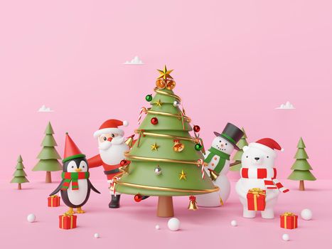 Merry Christmas and Happy New Year, Party Christmas Day with Santa Claus and friend on a pink background, 3d rendering