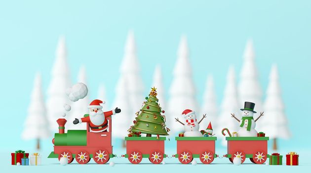 Merry Christmas and Happy New Year, Santa Claus and Snowman on Christmas train with gifts and pine forest on a blue background, 3d rendering
