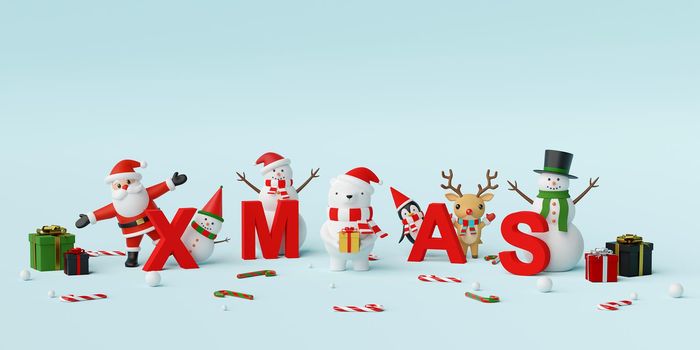 Merry Christmas and Happy New Year, Santa Claus and Christmas character with letters XMAS, 3d rendering