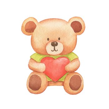 Watercolor cute bear toy with heart. Hand drawn illustration isolated on white