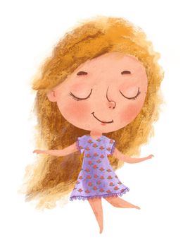 Lovely blondy little girl dancing. Hand drawn Illustration isolated on white background