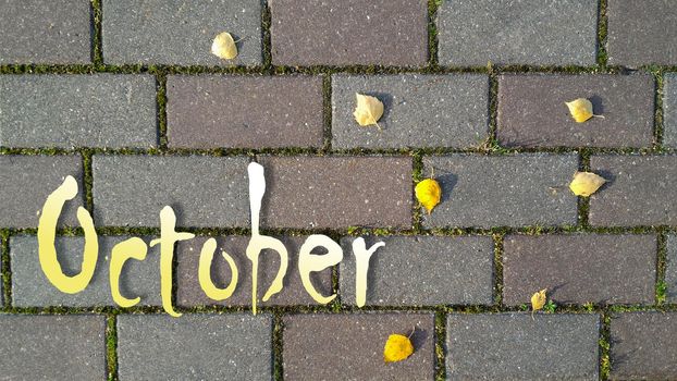Yellow and white inscription October on background of gray brick road with sprouted grass between it and yellow autumn leaves. Top view, flat lay