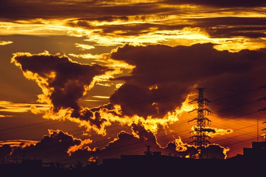 Sunset with telephone pole silhouette. Shooting Location: Sendai, Miyagi Prefecture