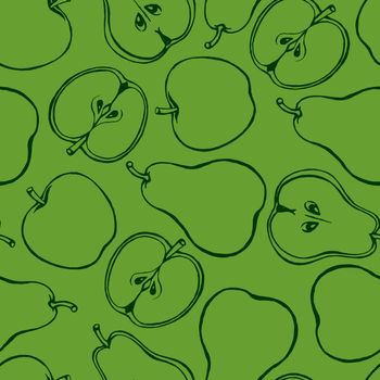 Seamless pattern with hand drawn fruits elements apple pear. Vegetarian wallpaper.