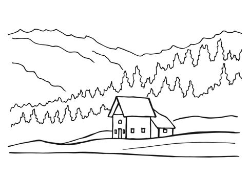Mountain with pine trees and country house landscape black on white background. Hand drawn rocky peaks in sketch style. Vector illustration