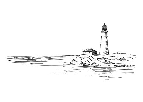 Lighthouse. Seascape. Hand drawn vector illustration.