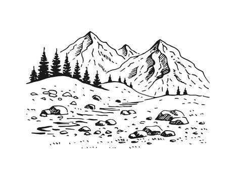 Landscape with mountains and forest. Hand drawn illustration converted to vector.