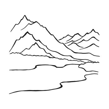 Landscape with mountains and forest. Hand drawn illustration converted to vector.