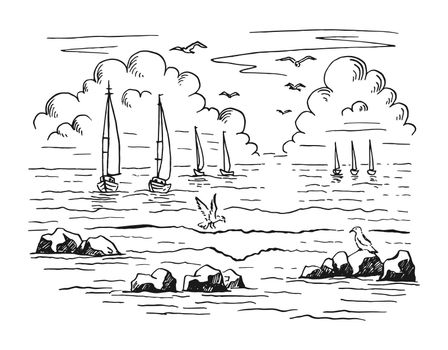 Seascape. Landscape, sea, sailboat, rocks, seagulls. Hand drawn vector illustration.