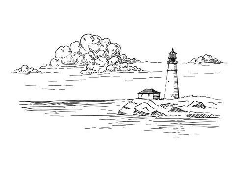 Seascape. Lighthouse. Hand drawn illustration converted to vector.