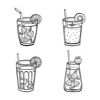 Set non-alcoholic summer drinks isolated on white background. Menu vector images in sketch style.