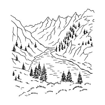 Landscape with mountains and forest. Hand drawn illustration converted to vector.