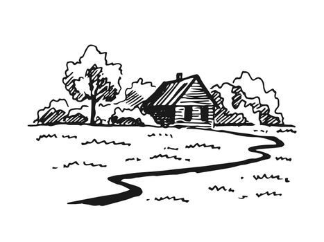 Landscape with country house. Hand drawn illustration converted to vector.