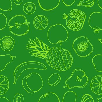 Seamless pattern with hand drawn fruits elements. Vegetarian wallpaper.