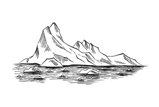 Arctic landscape. Icy mounts, Iceberg. Hand drawn illustration converted to vector.