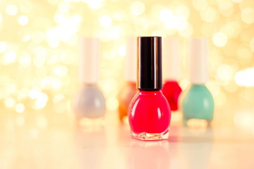 Beauty, make-up and cosmetics concept - Nail polish bottles, manicure and pedicure collection