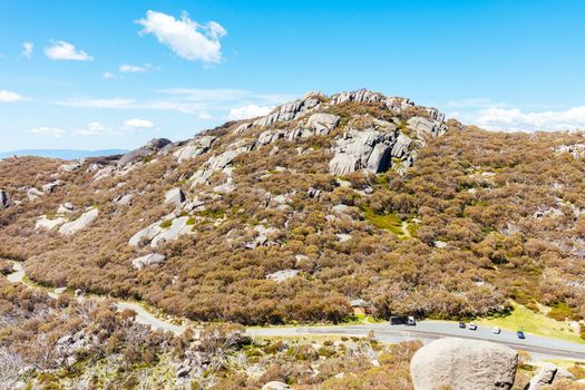 View of Cathedral Rock formation near The Hump at Mt Buffalo on a summer's afternoon in the Victorian Alps, Australia