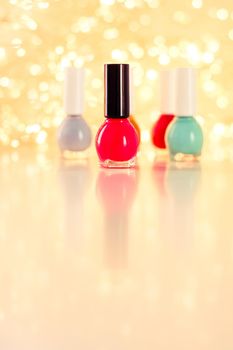 Beauty, make-up and cosmetics concept - Nail polish bottles, manicure and pedicure collection