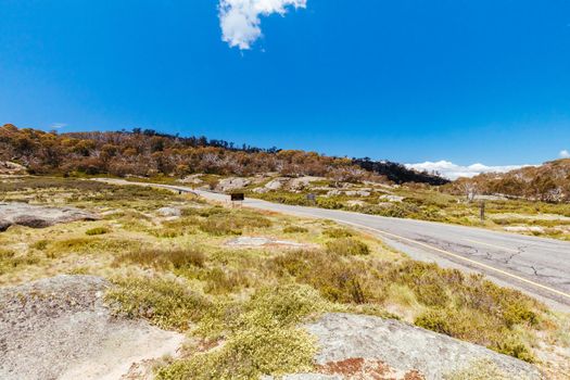 Tuckerbox Corner and intersection at Mt Buffalo on a summer's afternoon in the Victorian Alps, Australia