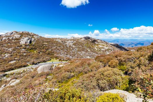 View of Cathedral Rock formation near The Hump at Mt Buffalo on a summer's afternoon in the Victorian Alps, Australia