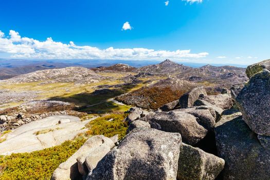 View of Cathedral Rock formation near The Hump at Mt Buffalo on a summer's afternoon in the Victorian Alps, Australia