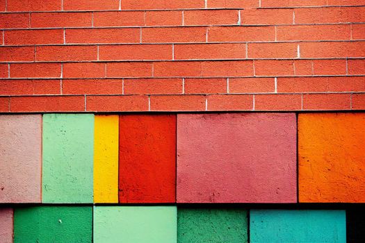 3D render of multi-colored bricks wall texture abstract brick background in bright colors.