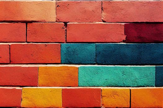 3D render of multi-colored bricks wall texture abstract brick background in bright colors.