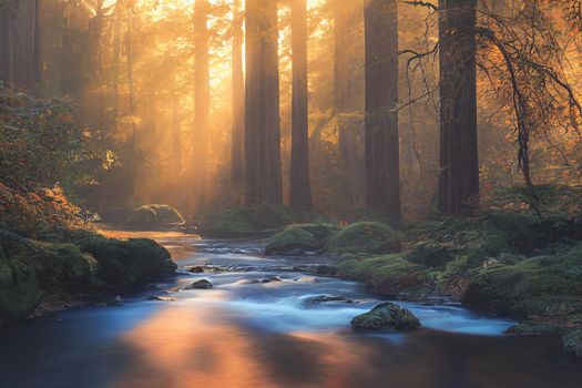 Peaceful river flowing through redwood forest with morning light and dappled sunshine in autumn. 3D illustration