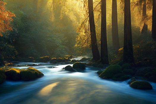 Peaceful river flowing through redwood forest with morning light and dappled sunshine in autumn. 3D illustration