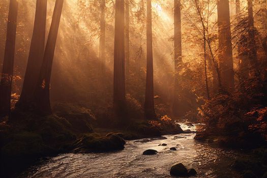 Peaceful river flowing through redwood forest with morning light and dappled sunshine in autumn. 3D illustration