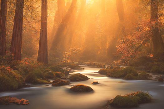 Peaceful river flowing through redwood forest with morning light and dappled sunshine in autumn. 3D illustration