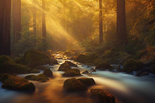 Peaceful river flowing through redwood forest with morning light and dappled sunshine in autumn. 3D illustration