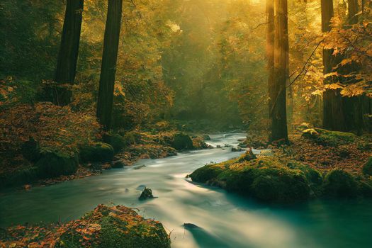 Peaceful river flowing through redwood forest with morning light and dappled sunshine in autumn. 3D illustration