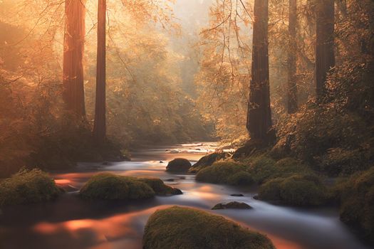 Peaceful river flowing through redwood forest with morning light and dappled sunshine in autumn. 3D illustration