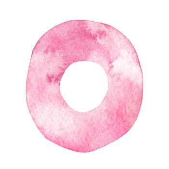 Watercolor pink letter o isolated on white background