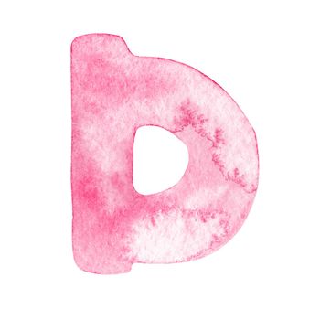 Watercolor pink letter D isolated on white background
