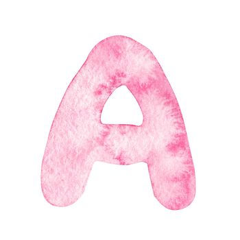 Watercolor pink letter A isolated on white background