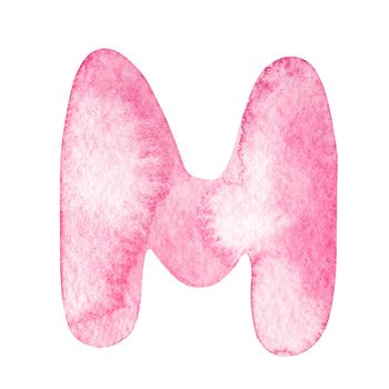 Watercolor pink letter m isolated on white background