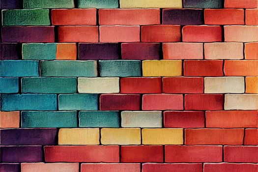 3D render of multi-colored bricks wall texture abstract brick background in bright colors.