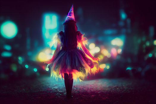 dreamy unrecognizable woman silhouette in colorful halloween costume with witch hat with bokeh, neural network generated art. Digitally generated image. Not based on any actual scene or pattern.