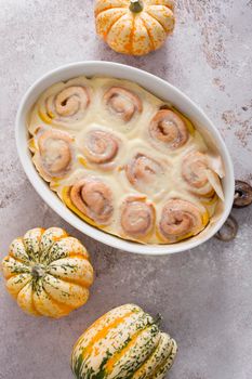 pumpkin cinnamon, step by step serving holiday dessert, beautifully set table with pastries, homemade sweet home, autumn menu. High quality photo