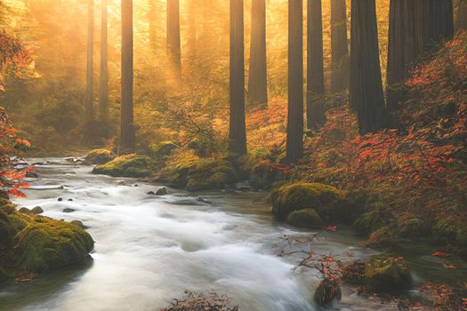 Peaceful river flowing through redwood forest with morning light and dappled sunshine in autumn. 3D illustration