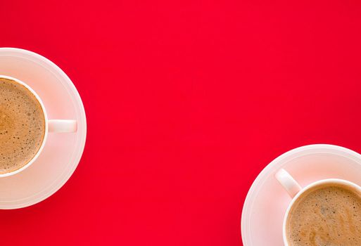 Breakfast, drinks and modern lifestyle concept - Hot aromatic coffee on red background, flatlay