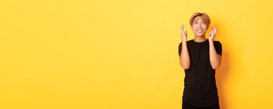 Portrait of hopeful worried asian man cross fingers good luck, begging look up, standing yellow background.