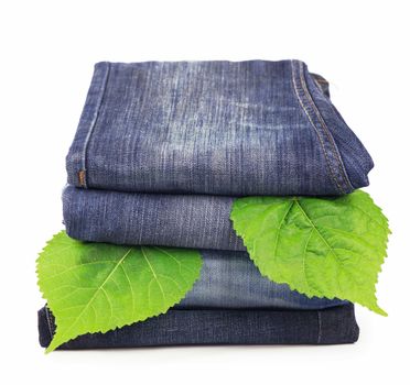 green spring leaves and pile of jeans clothes on white