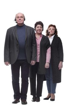 side view. a group of people in a headset looking at you . isolated on a white background