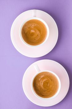 Breakfast, drinks and cafe menu concept - Coffee cup on purple background, top view flatlay