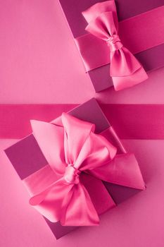 Baby shower girl, celebration, present concept - Pink gift boxes, feminine style flatlay background