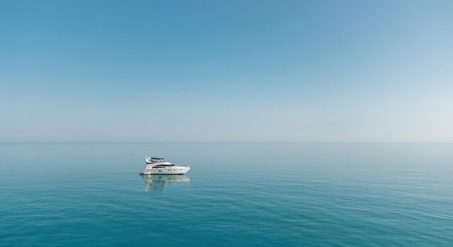 Aerial boat race. Luxury cruise trip. View from above of white boat on deep blue water. Aerial view of rich yacht sailing sea. Motor boat racing wave. Summer journey on luxury ship