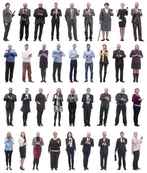 group of people holding phone in hand and looking at camera isolated on white background